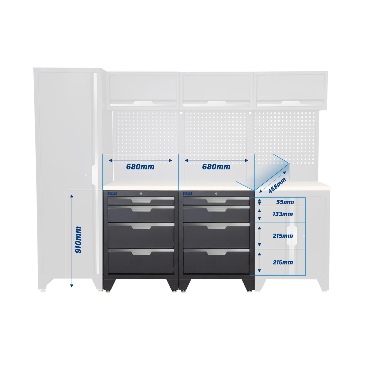 SGS 10pc Modular Garage Storage | 8 Drawers | Plywood Worktop | Tall Single Cabinet | Floor Cabinet | 3x Upper Cabinets